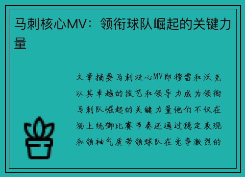马刺核心MV：领衔球队崛起的关键力量
